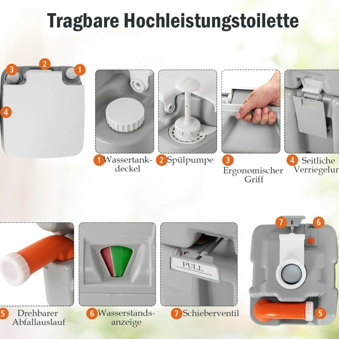 tragbare Toilette Outdoor-Campingtoilette 41,5 cm x 36,5 cm x 42 cm Grau mit Wasserstandsanzeige auslaufsicher bis 200 kg belastbar
