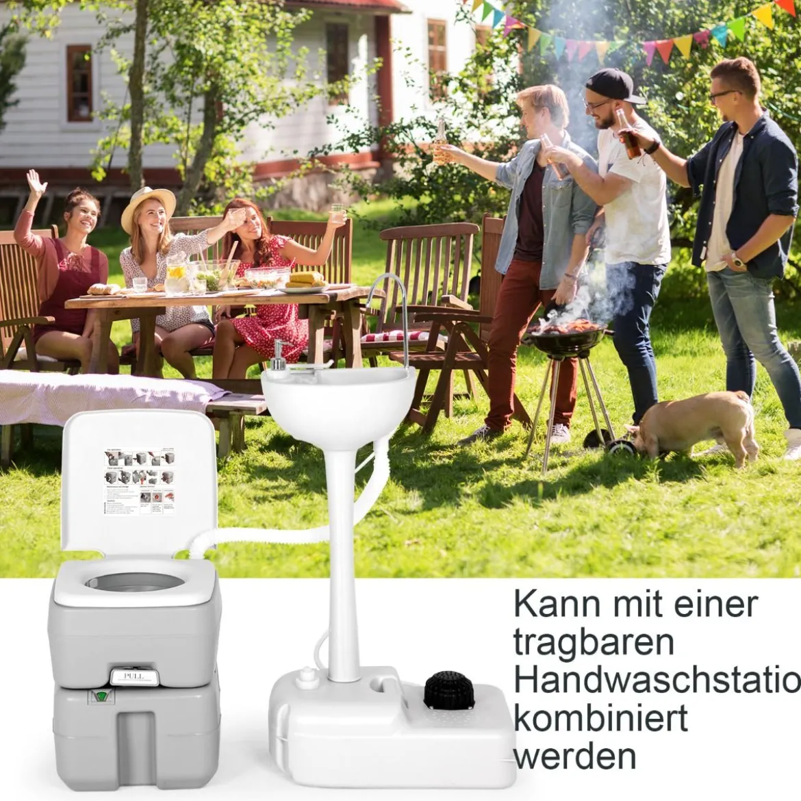 tragbare Toilette Outdoor-Campingtoilette 41,5 cm x 36,5 cm x 42 cm Grau mit Wasserstandsanzeige auslaufsicher bis 200 kg belastbar