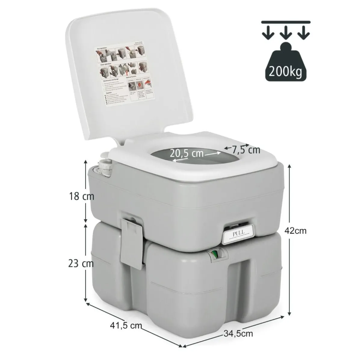 tragbare Toilette Outdoor-Campingtoilette 41,5 cm x 36,5 cm x 42 cm Grau mit Wasserstandsanzeige auslaufsicher bis 200 kg belastbar