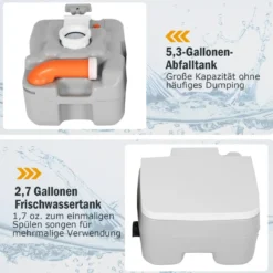 tragbare Toilette Outdoor-Campingtoilette 41,5 cm x 36,5 cm x 42 cm Grau mit Wasserstandsanzeige auslaufsicher bis 200 kg belastbar