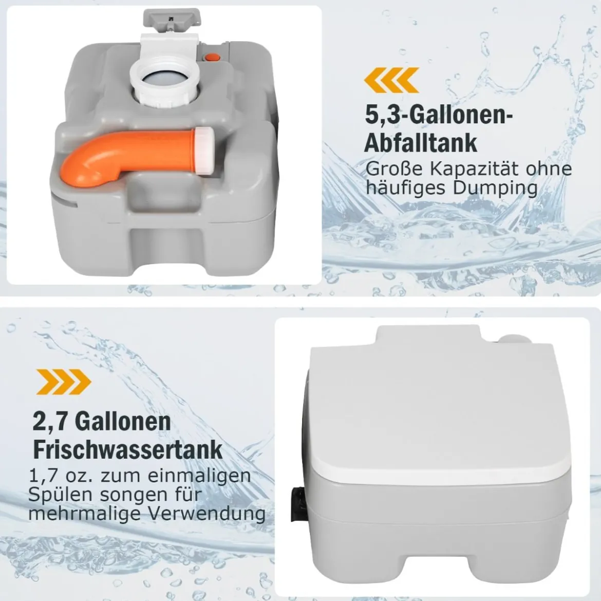tragbare Toilette Outdoor-Campingtoilette 41,5 cm x 36,5 cm x 42 cm Grau mit Wasserstandsanzeige auslaufsicher bis 200 kg belastbar