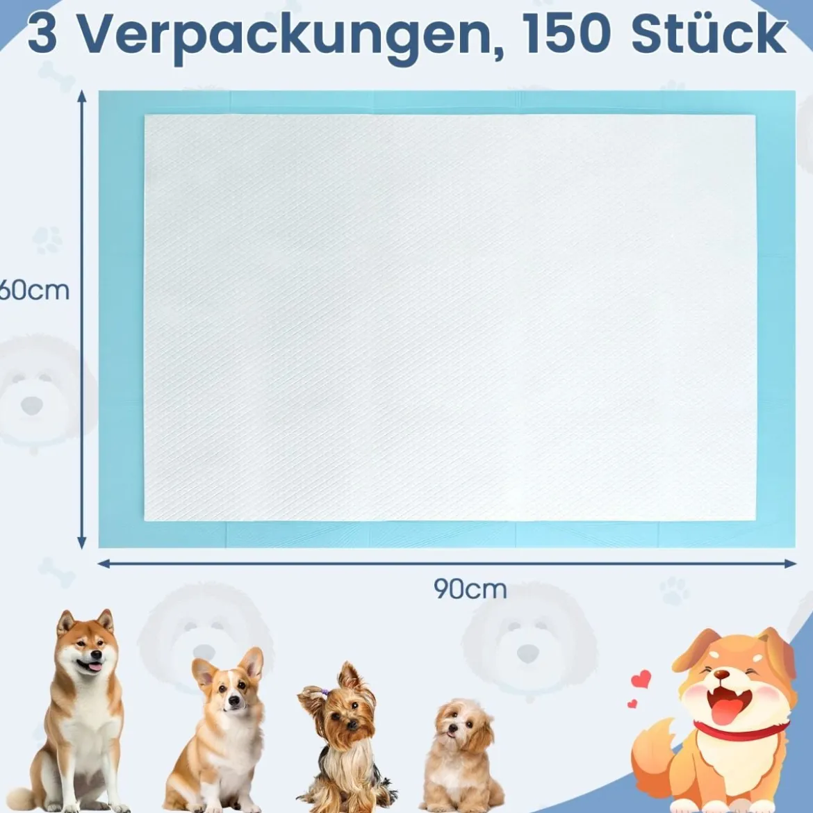 Trainingsunterlagen Hunde Auslaufsicheres 6-lagiges Design Welpenunterlagen Puppy-Pads(90 x 60 cm 150 Stück)