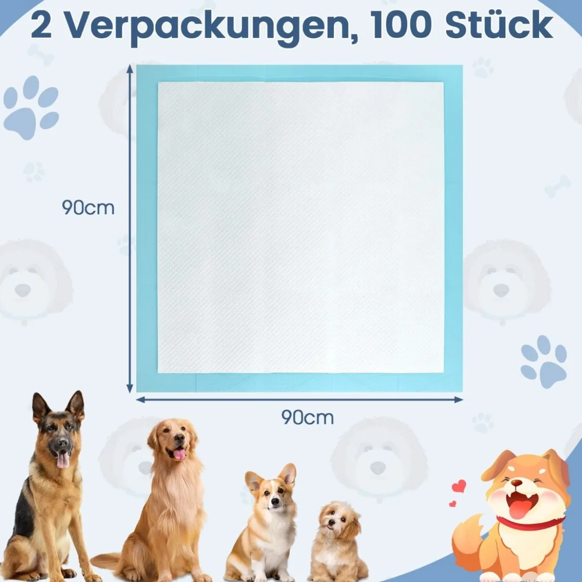 Trainingsunterlagen Hunde Auslaufsicheres 6-lagiges Design Welpenunterlagen Puppy-Pads 90 x 90 cm 100 Stück