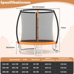 Trampolin outdoor mit Leiter Gartentrampolin rund mit Sicherheitsnetz Randabdeckung & Metallrahmen Ø305cm Orange