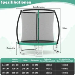 Trampolin outdoor mit Leiter Gartentrampolin rund mit Sicherheitsnetz Randabdeckung & Metallrahmen Ø366cm Grün