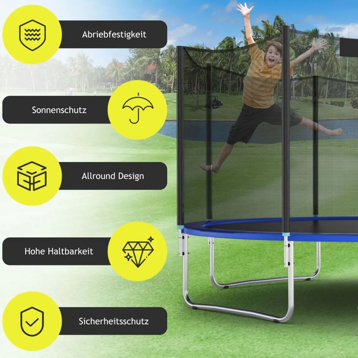 Trampolin Sicherheitsnetz für Gartentrampoline Ersatznetz außenliegend mit Reißverschluss und Schnallen Ø 366 cm