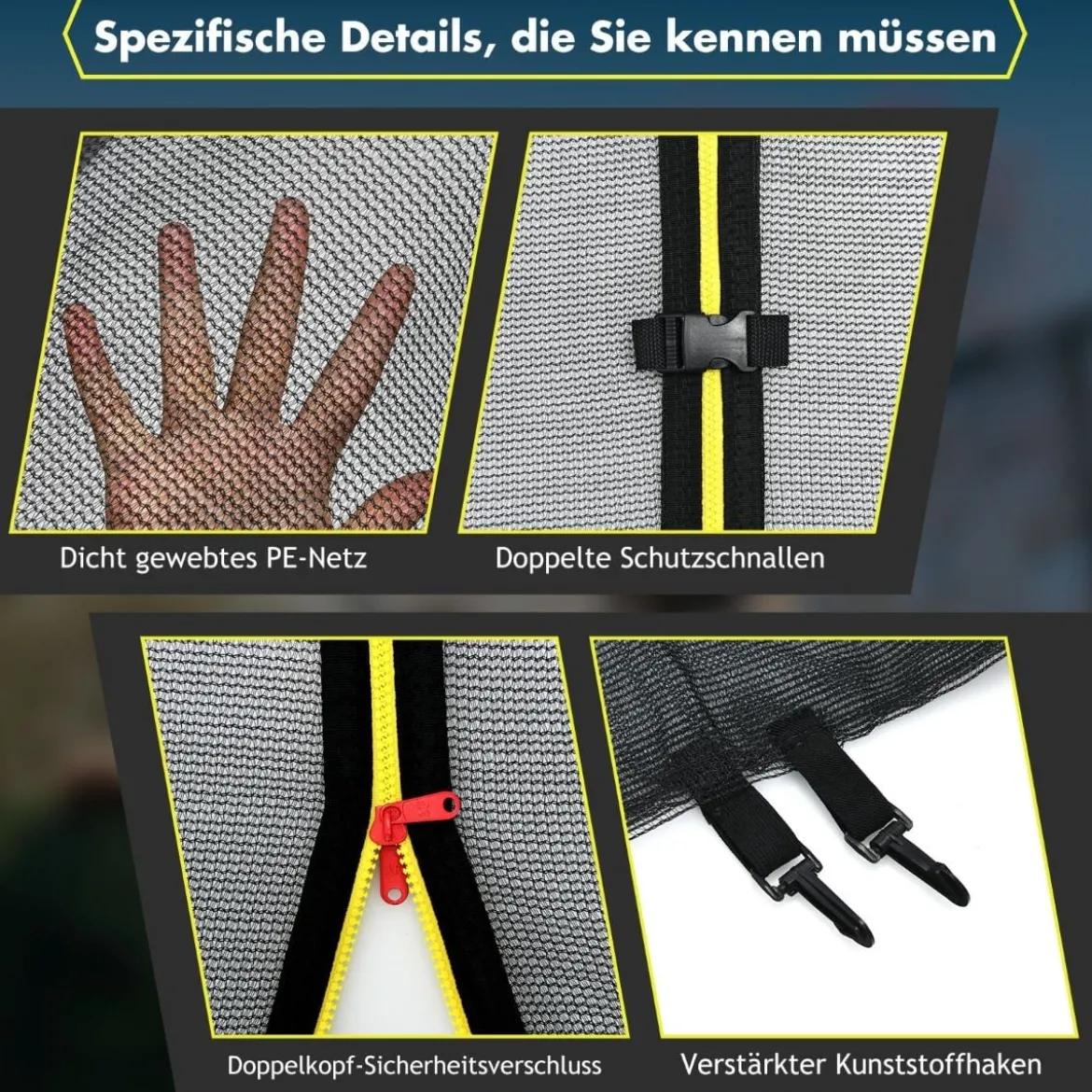 Trampolin Sicherheitsnetz für Gartentrampoline Ersatznetz außenliegend mit Reißverschluss und Schnallen Ø 366 cm