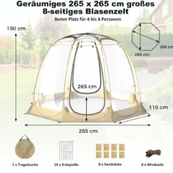 630° Transparenter PVC Zelt Pop Up Bubble Zelt Blasenzelt für 5-6 Personen 265 x 265 cm