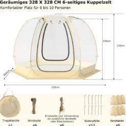 Transparentes Zelt Pop Up Zelt für 6-10 Personen mit 2 großen Rolltüren faltbares Sportzelt