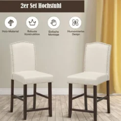 2 Tresenhocker Esszimmer-Barhocker mit Polsterung Beine aus Kautschukholz hohe Freizeitstühle Beige