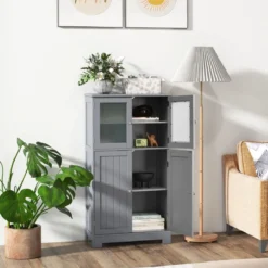 4-türiger Badezimmerschrank mit Glastüren & Verstellbarem Regal Küchenschrank Grau