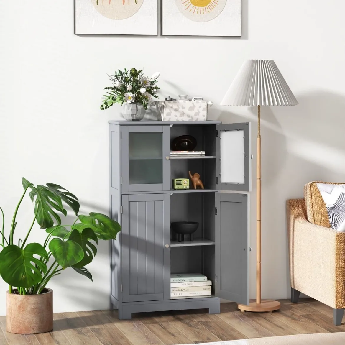 4-türiger Badezimmerschrank mit Glastüren & Verstellbarem Regal Küchenschrank Grau