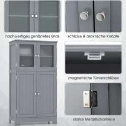4-türiger Badezimmerschrank mit Glastüren & Verstellbarem Regal Küchenschrank Grau