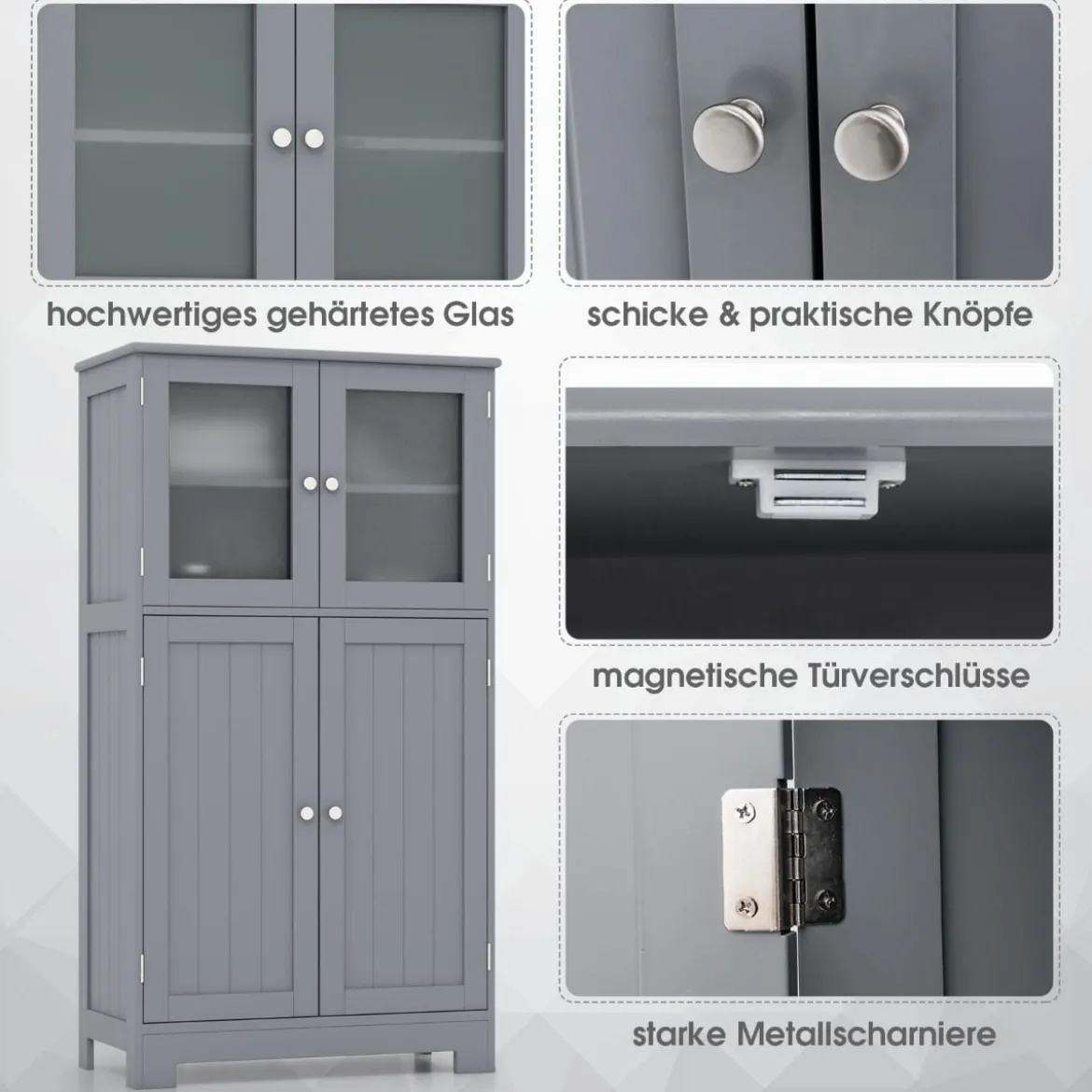 4-türiger Badezimmerschrank mit Glastüren & Verstellbarem Regal Küchenschrank Grau