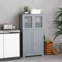 4-türiger Badezimmerschrank mit Glastüren & Verstellbarem Regal Küchenschrank Grau
