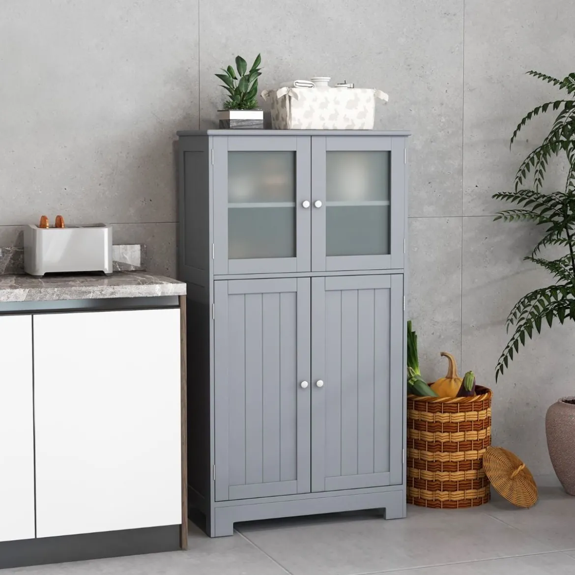 4-türiger Badezimmerschrank mit Glastüren & Verstellbarem Regal Küchenschrank Grau
