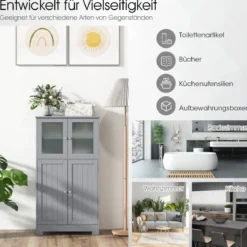 4-türiger Badezimmerschrank mit Glastüren & Verstellbarem Regal Küchenschrank Grau