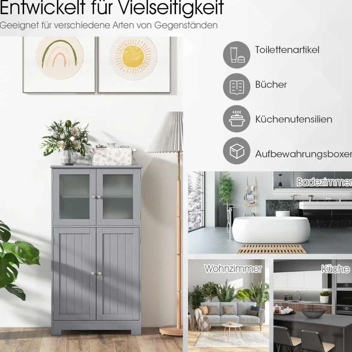 4-türiger Badezimmerschrank mit Glastüren & Verstellbarem Regal Küchenschrank Grau