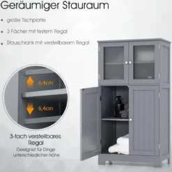 4-türiger Badezimmerschrank mit Glastüren & Verstellbarem Regal Küchenschrank Grau
