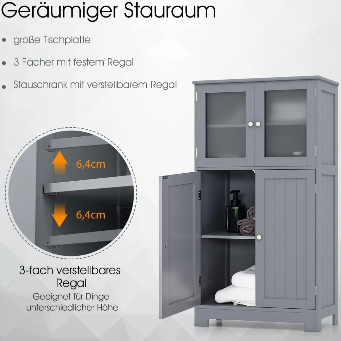 4-türiger Badezimmerschrank mit Glastüren & Verstellbarem Regal Küchenschrank Grau