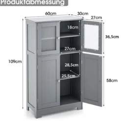4-türiger Badezimmerschrank mit Glastüren & Verstellbarem Regal Küchenschrank Grau