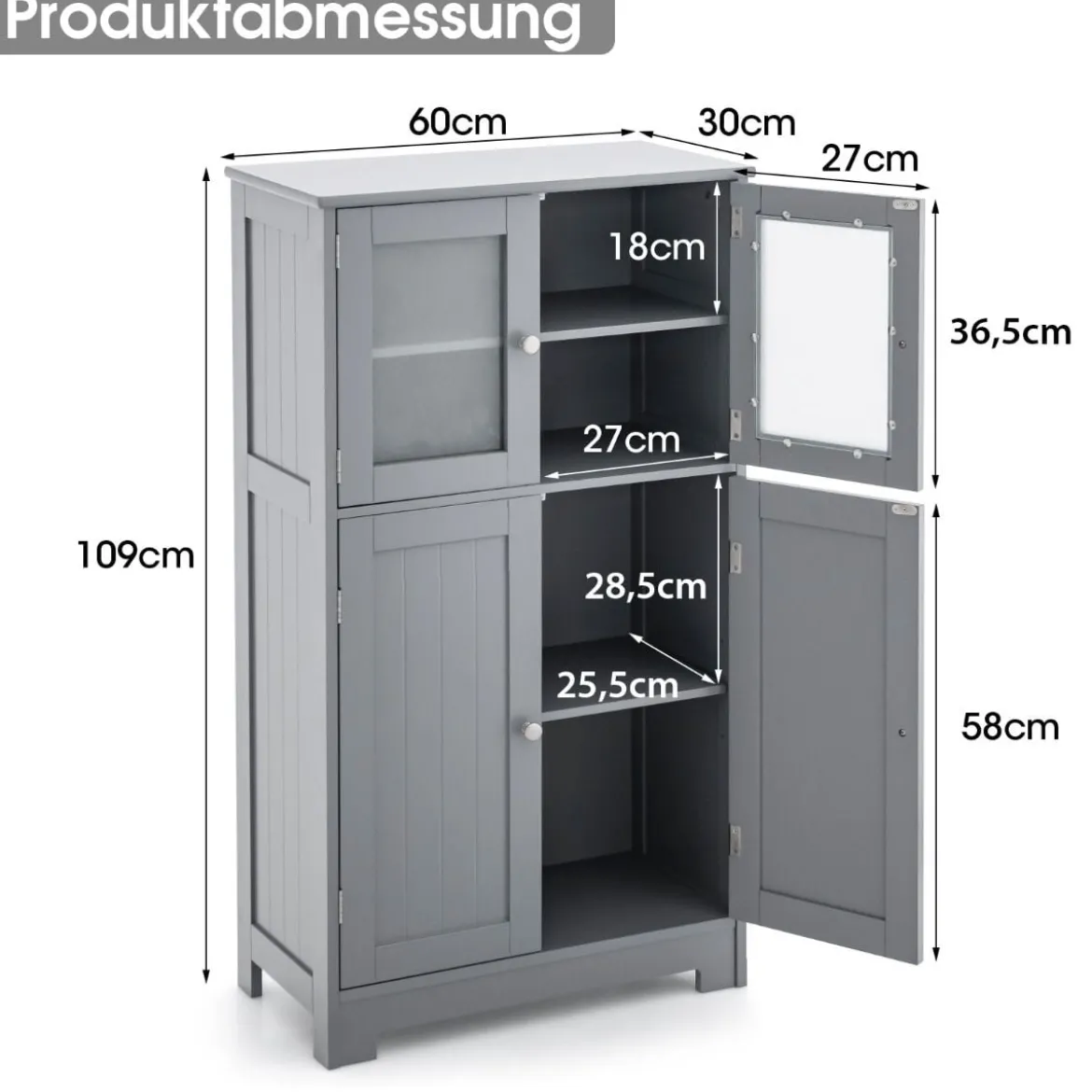 4-türiger Badezimmerschrank mit Glastüren & Verstellbarem Regal Küchenschrank Grau