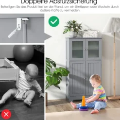4-türiger Badezimmerschrank mit Glastüren & Verstellbarem Regal Küchenschrank Grau