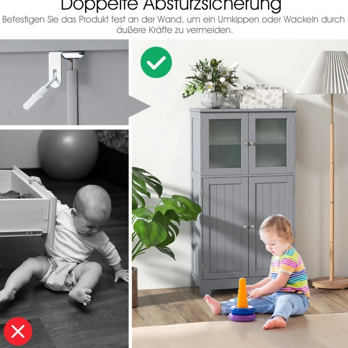 4-türiger Badezimmerschrank mit Glastüren & Verstellbarem Regal Küchenschrank Grau