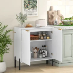 2-Türiger Buffet-Schrank Sideboard-Schrank mit Regal Metallbeinen Kippschutz & verstellbaren Scharnieren Moderner Schrank Weiß