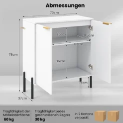 2-Türiger Buffet-Schrank Sideboard-Schrank mit Regal Metallbeinen Kippschutz & verstellbaren Scharnieren Moderner Schrank Weiß