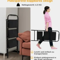Trittleiter mit 3 Stufen klappbare Kletterhilfe mit Rutschfesten Stufen 64 x 39 x 90 cm Schwarz