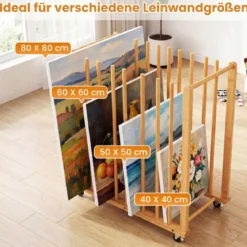 Trocken-Malregal aus Bambus mit 9 Schlitzen Griff & Rollen in Natürlicher Optik 75 x 40 x 81 cm