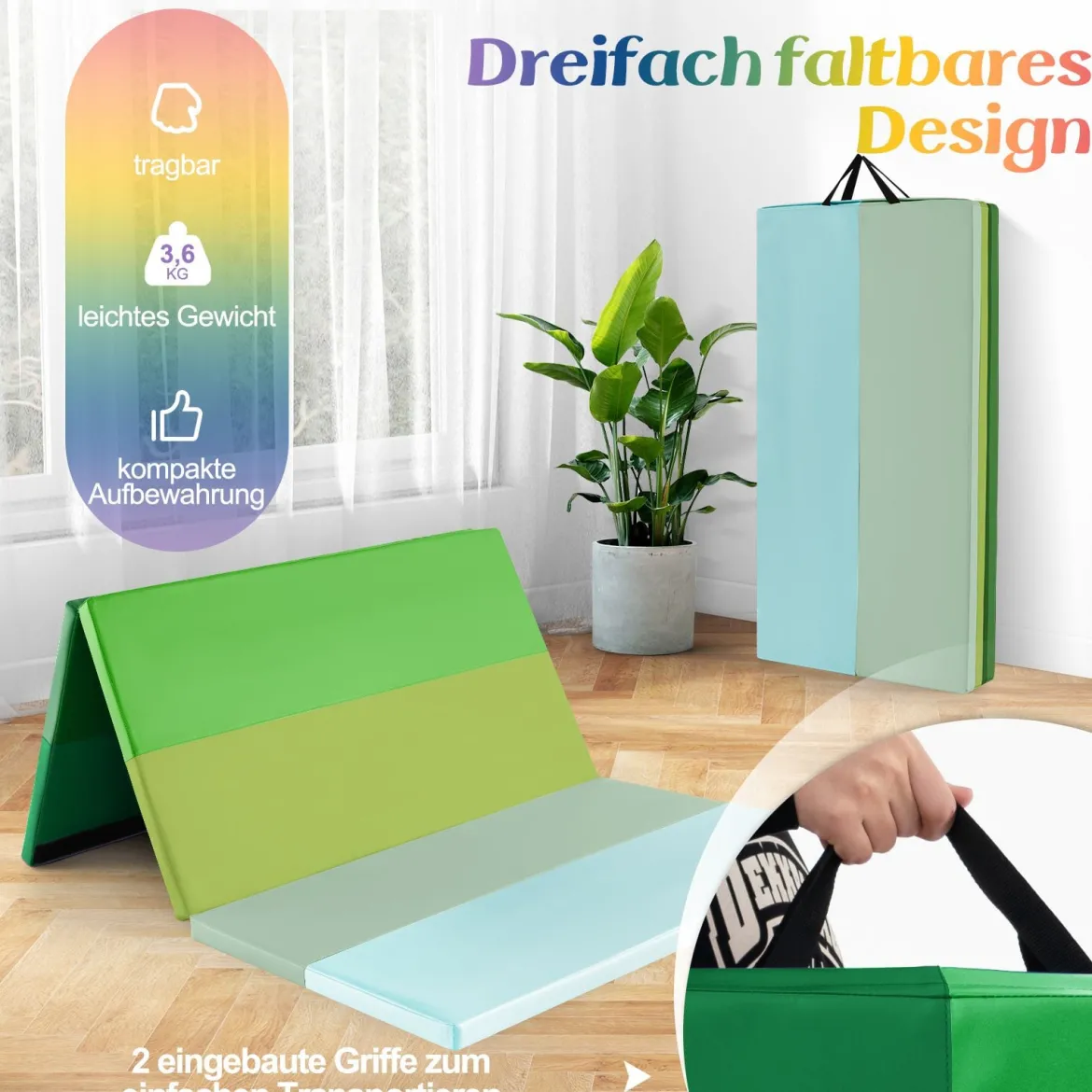 Turnmatte klappbar 180 x 120 cm Weichbodenmatte Gymnastikmatte 3 fach faltbar aus PU mit Tragegriff Grün