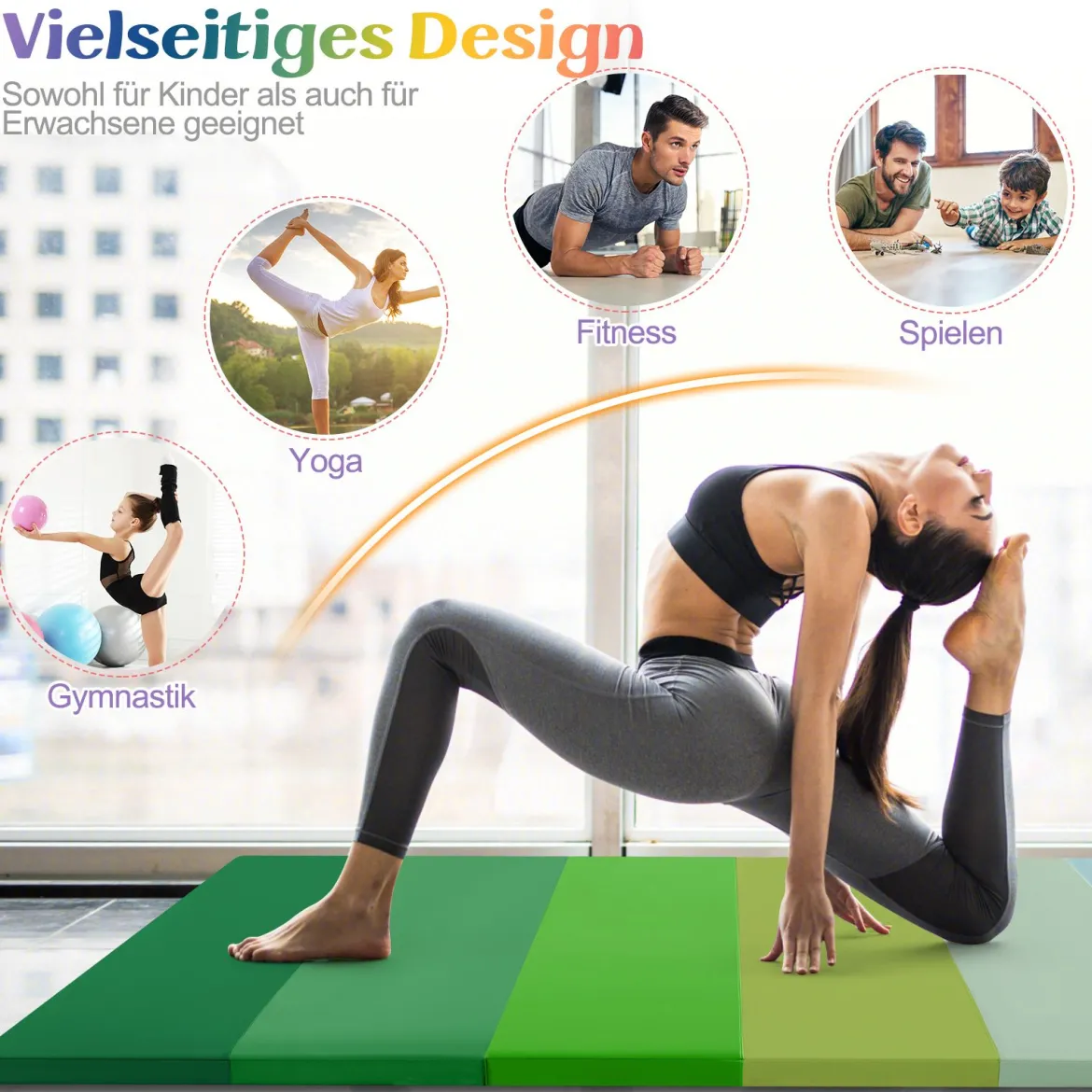 Turnmatte klappbar 180 x 120 cm Weichbodenmatte Gymnastikmatte 3 fach faltbar aus PU mit Tragegriff Grün
