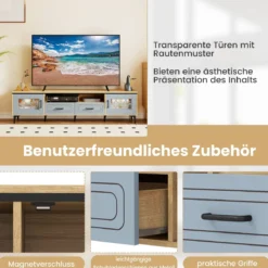 TV Schrank Bambus Lowboard für Fernseher bis zu 80 Zoll Fernsehschrank mit 2 Schubladen & 2 Türen & Fach Blau