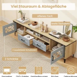 TV Schrank Bambus Lowboard für Fernseher bis zu 80 Zoll Fernsehschrank mit 2 Schubladen & 2 Türen & Fach Blau