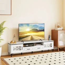 TV Schrank Bambus Lowboard für Fernseher bis zu 80 Zoll Fernsehschrank mit 2 Schubladen & 2 Türen & Fach Weiß