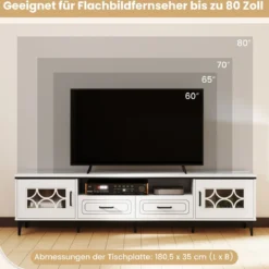 TV Schrank Bambus Lowboard für Fernseher bis zu 80 Zoll Fernsehschrank mit 2 Schubladen & 2 Türen & Fach Weiß
