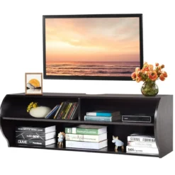 TV Schrank hängend und freistehend Fernsehschrank Holz modern mit 3 offenen Fächern Kommode Braun