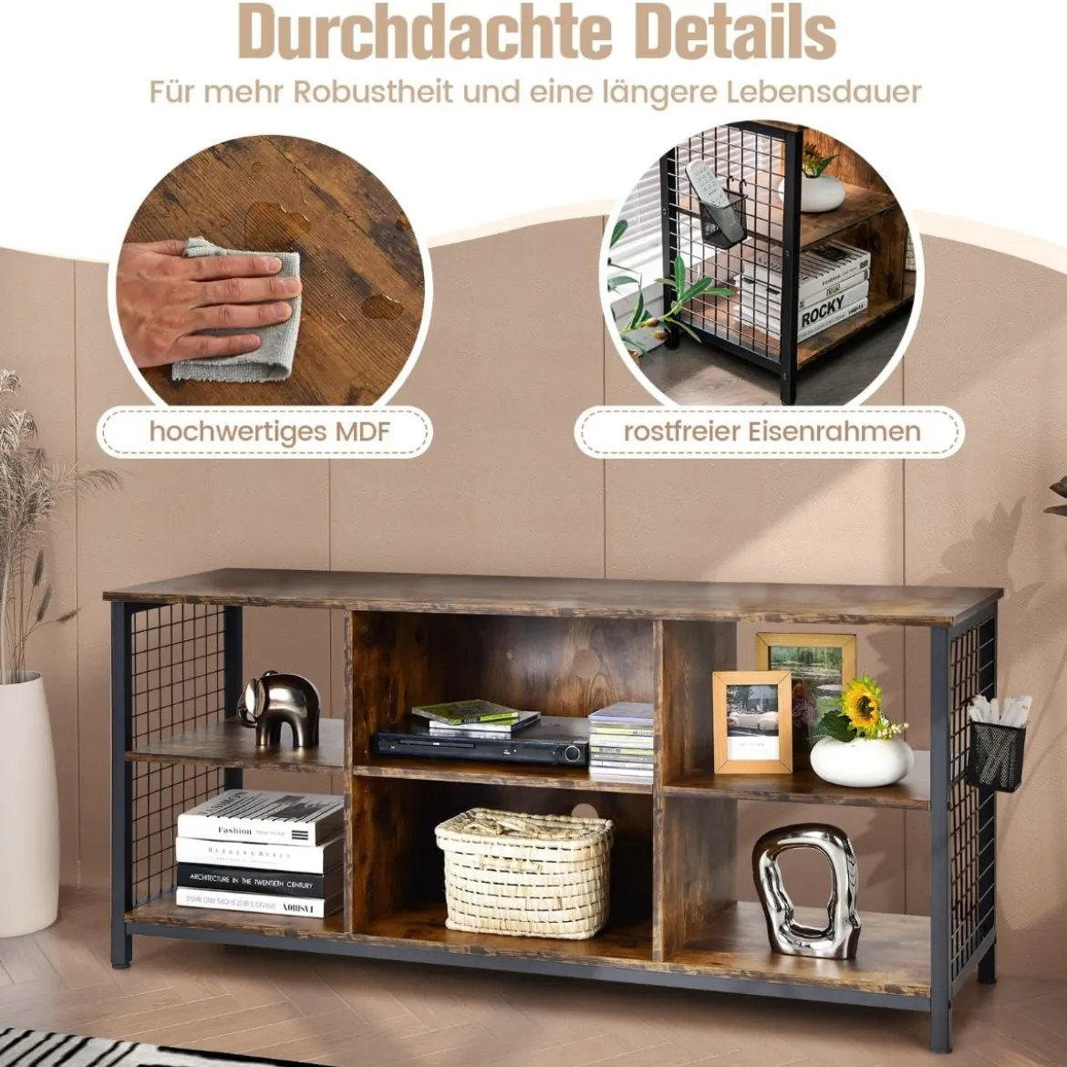 TV-Schrank Lowboard mit offenen Fächern TV-Regal für Fernseher bis 65 Zoll 140 x 40 x 62,5 cm Rustikales Braun