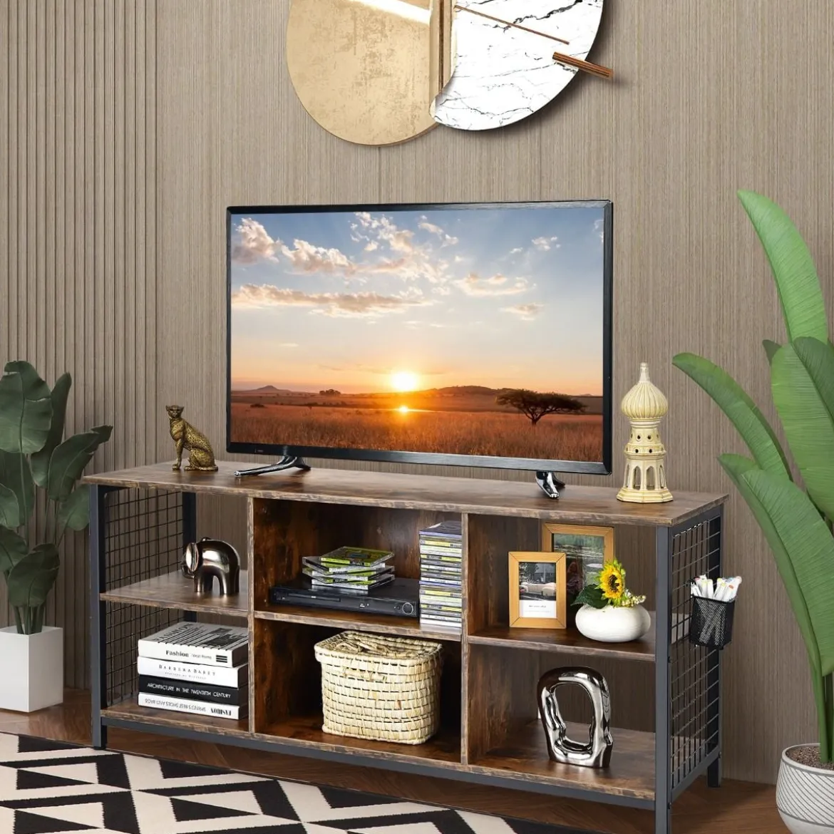 TV-Schrank Lowboard mit offenen Fächern TV-Regal für Fernseher bis 65 Zoll 140 x 40 x 62,5 cm Rustikales Braun
