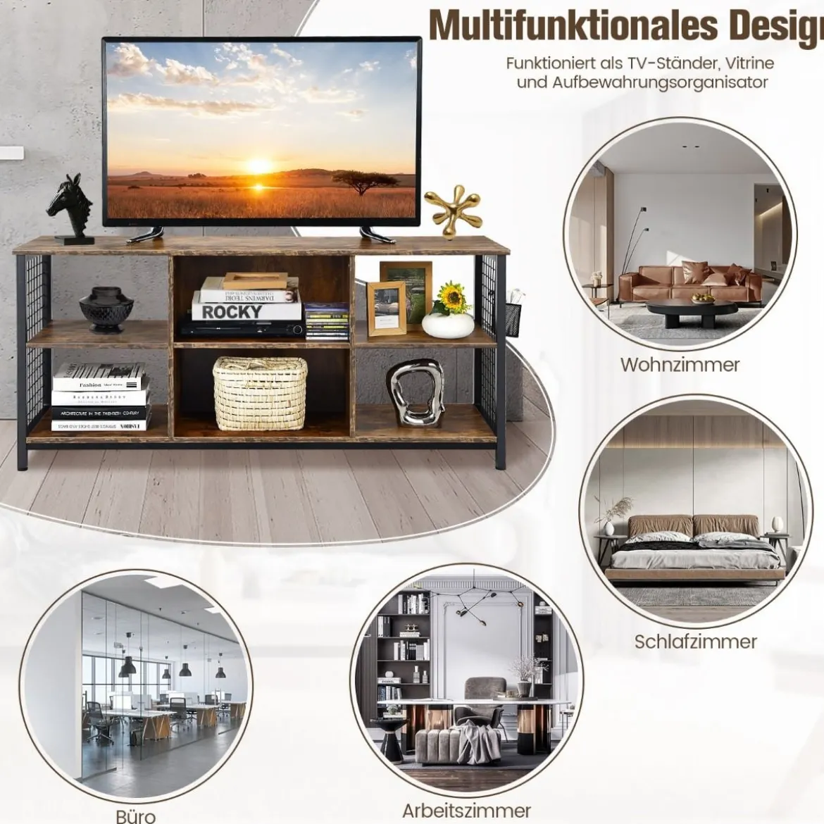 TV-Schrank Lowboard mit offenen Fächern TV-Regal für Fernseher bis 65 Zoll 140 x 40 x 62,5 cm Rustikales Braun