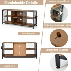 TV-Schrank Lowboard mit offenen Fächern TV-Regal für Fernseher bis 65 Zoll 140 x 40 x 62,5 cm Rustikales Braun