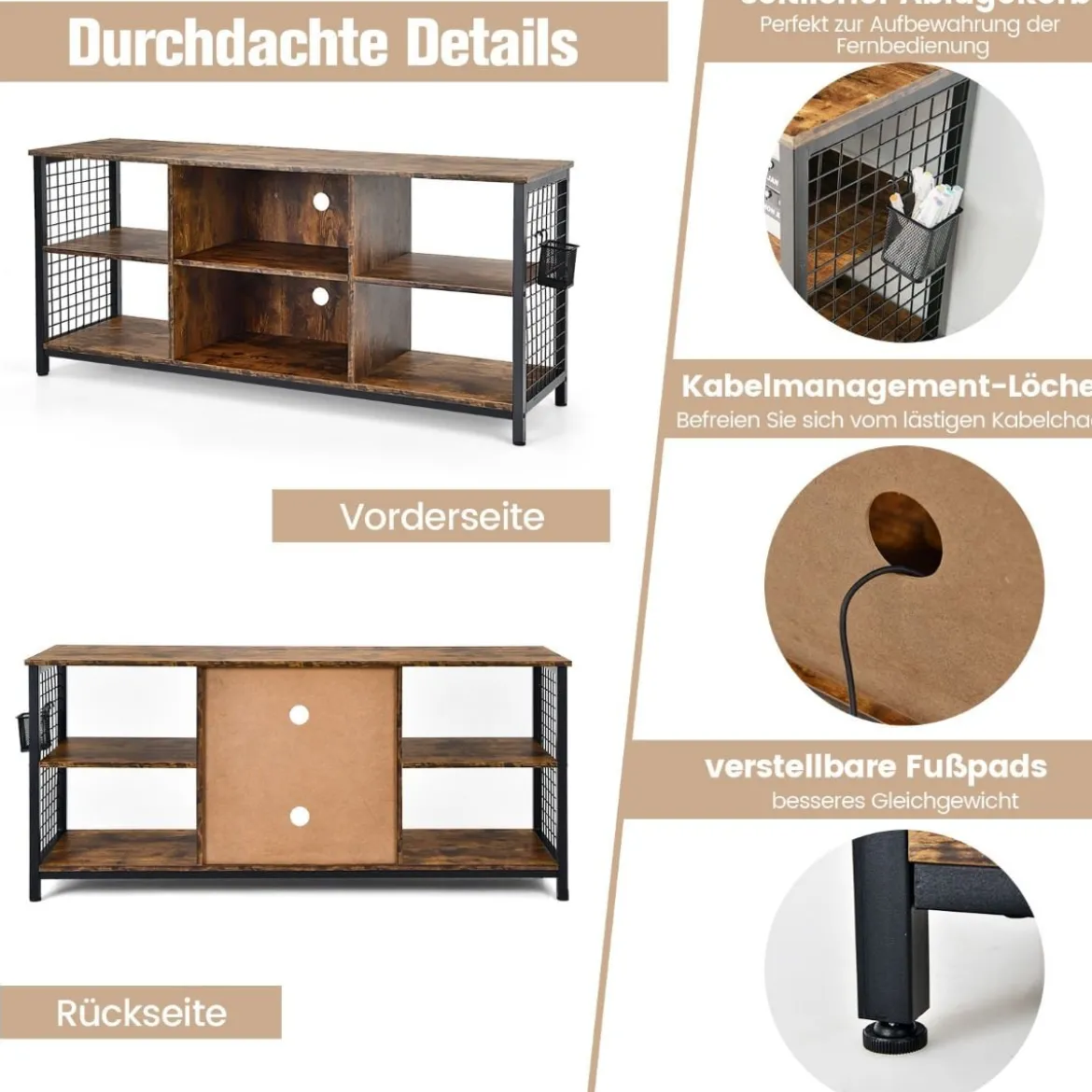 TV-Schrank Lowboard mit offenen Fächern TV-Regal für Fernseher bis 65 Zoll 140 x 40 x 62,5 cm Rustikales Braun