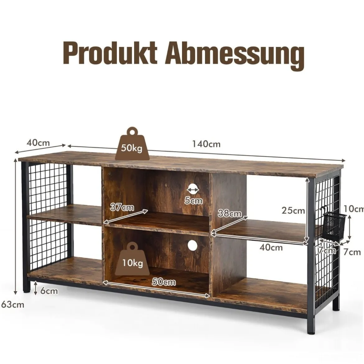 TV-Schrank Lowboard mit offenen Fächern TV-Regal für Fernseher bis 65 Zoll 140 x 40 x 62,5 cm Rustikales Braun