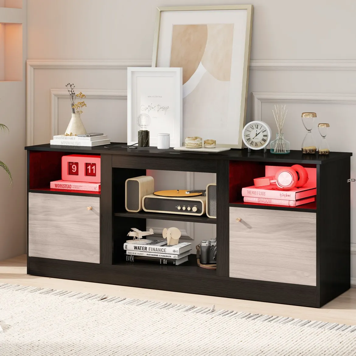 TV-Schrank mit LED-Lichtern für 65" Fernseher Fernsehschrank mit Verstellbarem Regal