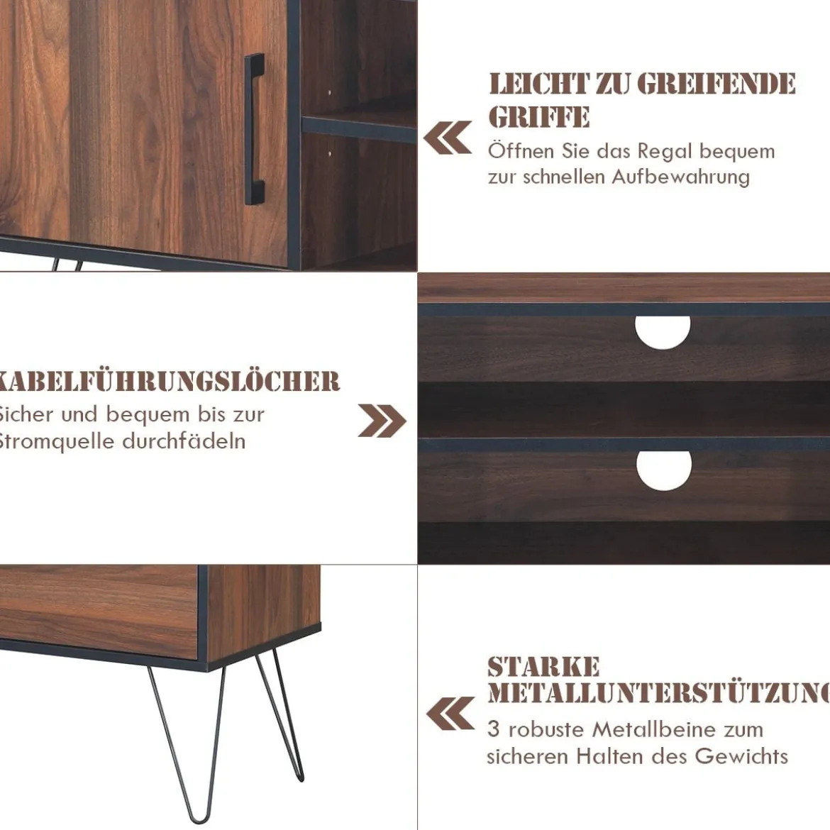 TV-Schrank mit 2 Türen & 2 offenen Regalen & Kabelführungslöchern für Fernseher bis 60 Zoll