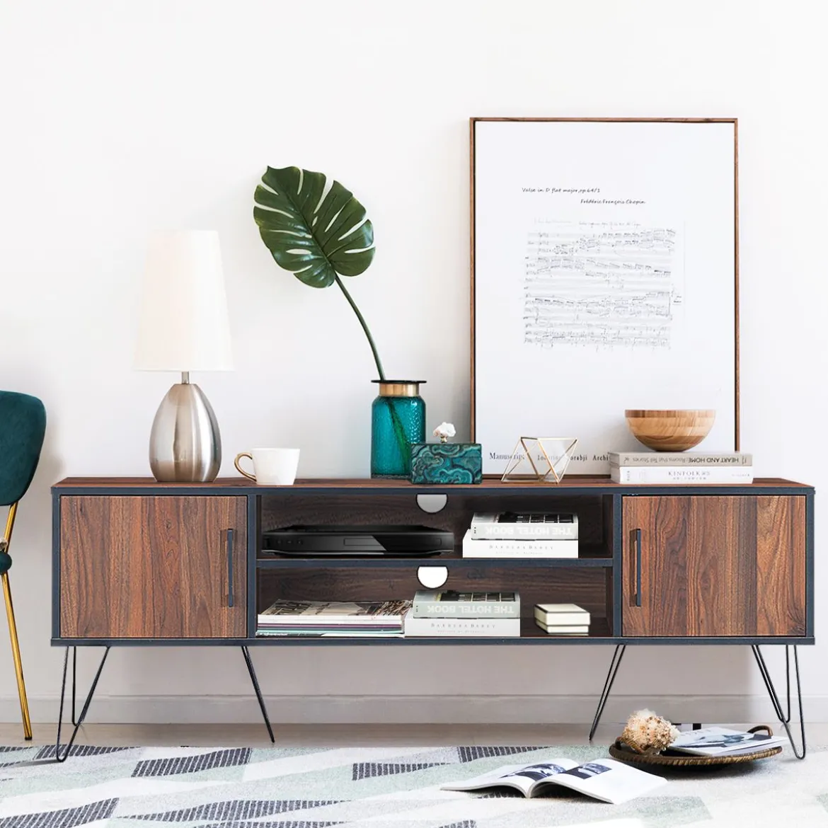 TV-Schrank mit 2 Türen & 2 offenen Regalen & Kabelführungslöchern für Fernseher bis 60 Zoll