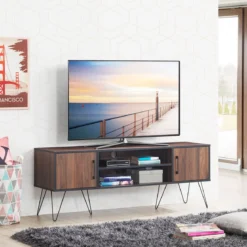 TV-Schrank mit 2 Türen & 2 offenen Regalen & Kabelführungslöchern für Fernseher bis 60 Zoll