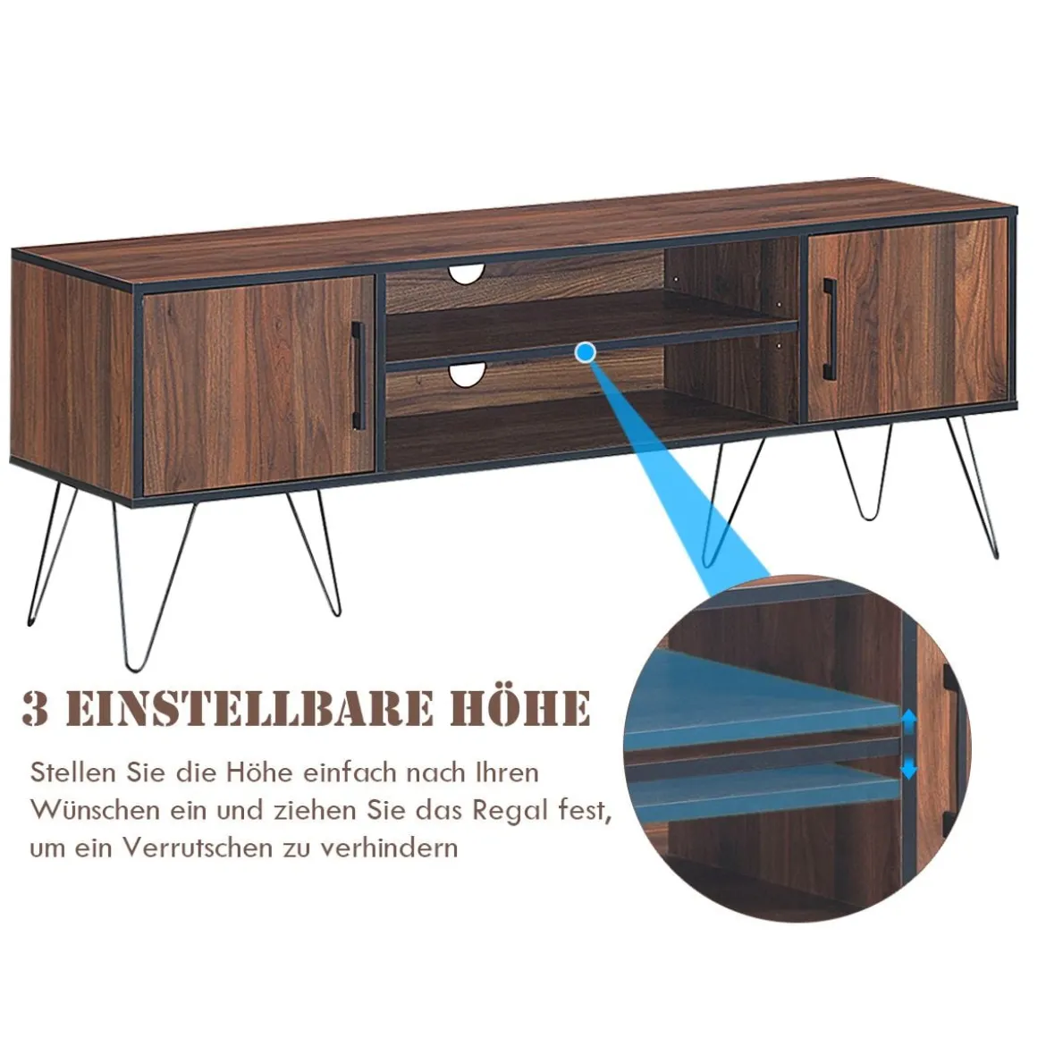 TV-Schrank mit 2 Türen & 2 offenen Regalen & Kabelführungslöchern für Fernseher bis 60 Zoll